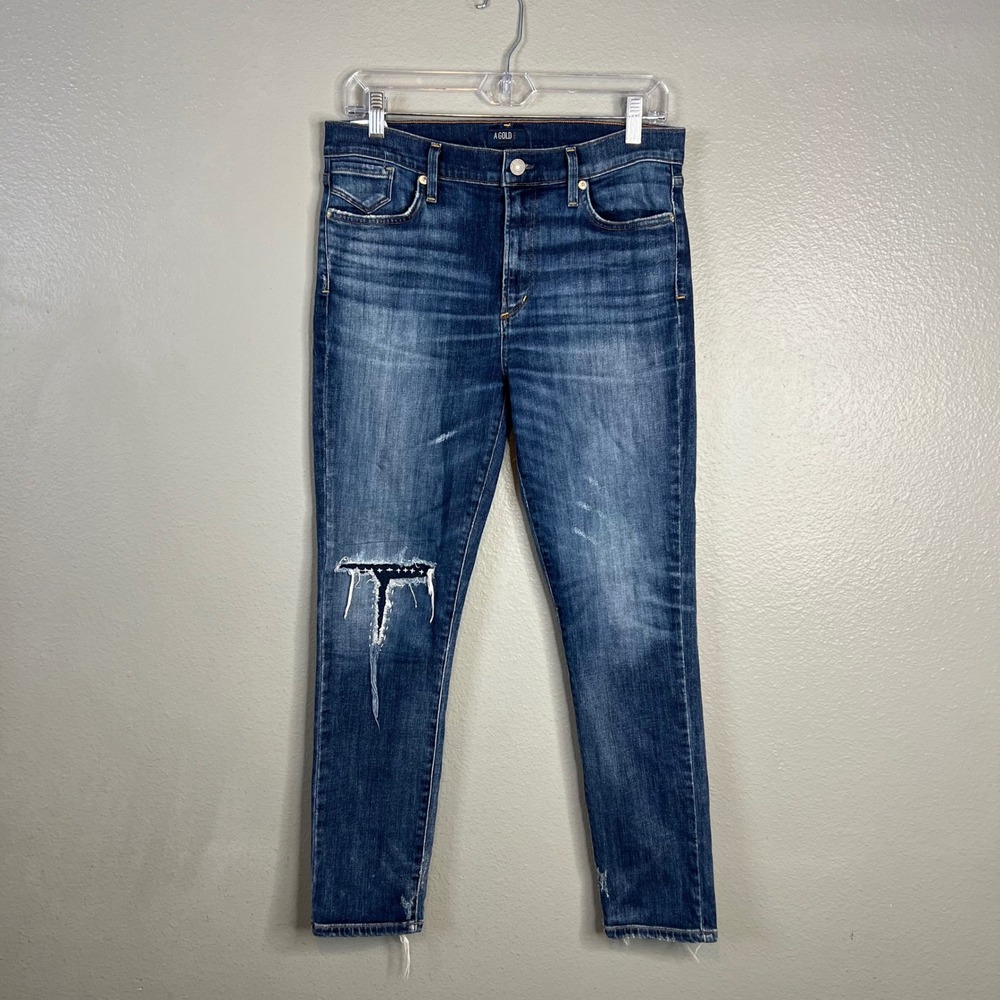 AGOLDE Jeans High Rise Crop Size 30 Straight Leg Patched Sashiko Dark Wash
